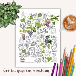 May include: A printable colouring page featuring a grapevine with 31 grape clusters numbered 1 through 31. The page includes the text "Month:" and "Habit:" for users to fill in. The text "Color in a grape cluster each day!" is at the bottom of the page.