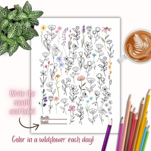 Puede incluir: Una p&aacute;gina para colorear imprimible con 31 contornos de flores silvestres en blanco y negro. La p&aacute;gina incluye el texto "Write the month and habit" y "Color in a wildflower each day!" con espacios para escribir el mes y el h&aacute;bito.