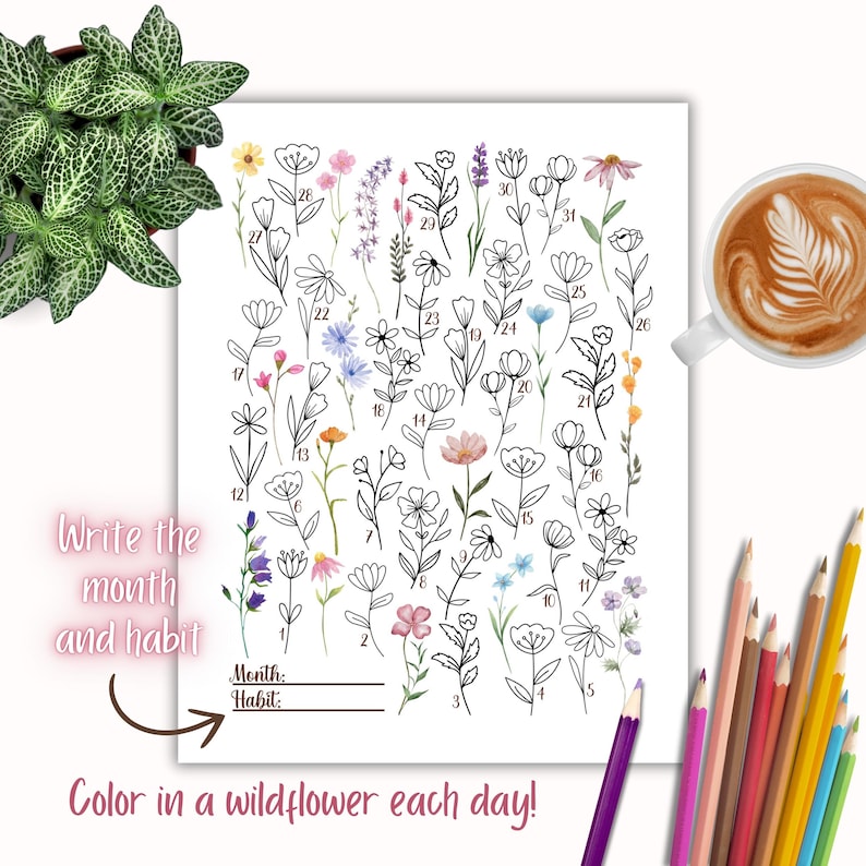Puede incluir: Una p&aacute;gina para colorear imprimible con 31 contornos de flores silvestres en blanco y negro. La p&aacute;gina incluye el texto "Write the month and habit" y "Color in a wildflower each day!" con espacios para escribir el mes y el h&aacute;bito.