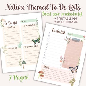 May include: Printable to-do list templates with a nature theme. The pages feature butterflies, mushrooms, and floral illustrations. The text on the page reads "To Do List", "Must Do", "Should Do", "Could Do", "If I Have Time", "To do list", "Date", and "Notes".