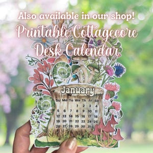 May include: A printable cottagecore desk calendar featuring a whimsical illustration of mushrooms, flowers, and a tree stump. The calendar is for January and includes the days of the week and numbers 1 through 31.
