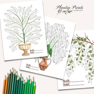 May include: Three printable colouring pages featuring different plant designs. Each page has a numbered outline of a plant with a space to write the month and habit. The plants include a large leafy plant in a pot, a smaller leafy plant in a pot, and a vine.