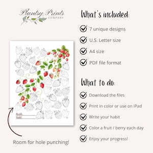 May include: A printable strawberry-themed habit tracker with 31 days. The tracker is black and white with a red strawberry design. The text "Month: Habit" is at the bottom of the tracker. The text "Room for hole punching!" is at the bottom of the page. The text "What's included: 7 unique designs, U.S. Letter size, A4 size, PDF file format" is on the right side of the page. The text "What to do: Download the files, Print in colour or use on iPad, Write your habit, Colour a fruit / berry each day, Enjoy your progress!" is on the right side of the page.
