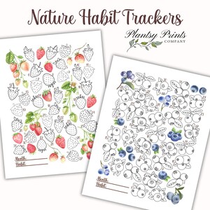 Puede incluir: Dos rastreadores de h&aacute;bitos imprimibles con ilustraciones en blanco y negro de fresas y ar&aacute;ndanos. Los rastreadores est&aacute;n dise&ntilde;ados para ser utilizados durante un mes y tienen espacios para escribir el mes y el h&aacute;bito.