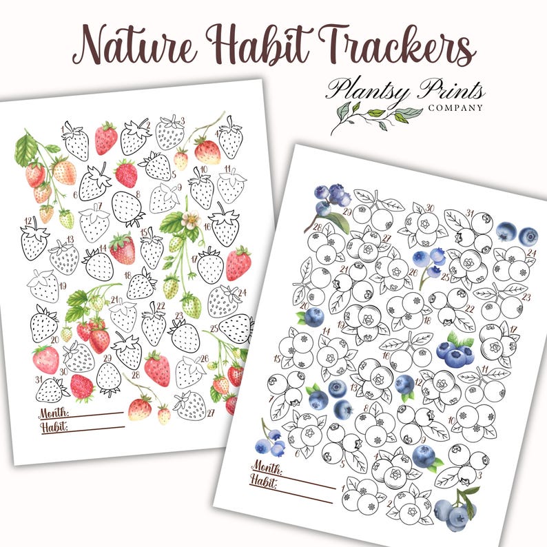 Puede incluir: Dos rastreadores de h&aacute;bitos imprimibles con ilustraciones en blanco y negro de fresas y ar&aacute;ndanos. Los rastreadores est&aacute;n dise&ntilde;ados para ser utilizados durante un mes y tienen espacios para escribir el mes y el h&aacute;bito.