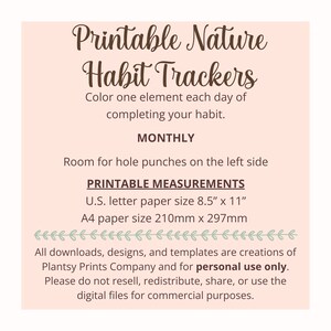 Puede incluir: Seguidores de h&aacute;bitos de la naturaleza imprimibles en un esquema de color rosa y marr&oacute;n. El texto dice "Color one element each day of completing your habit." y "MONTHLY". El texto tambi&eacute;n dice "Room for hole punches on the left side" y "PRINTABLE MEASUREMENTS". El texto tambi&eacute;n dice "U.S. letter paper size 8.5" x 11" y "A4 paper size 210mm x 297mm". El texto tambi&eacute;n dice "All downloads, designs, and templates are creations of Plantsy Prints Company and for personal use only. Please do not resell, redistribute, share, or use the digital files for commercial purposes."