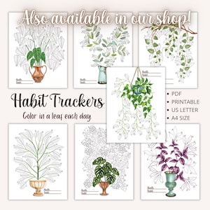 Puede incluir: Conjunto de seis hojas de seguimiento de h&aacute;bitos imprimibles con diferentes ilustraciones de plantas. Cada hoja tiene un espacio para escribir el mes y el h&aacute;bito. El texto de la imagen dice "Habit Trackers Color in a leaf each day." El texto debajo de las im&aacute;genes dice "PDF Printable US Letter A4 Size."