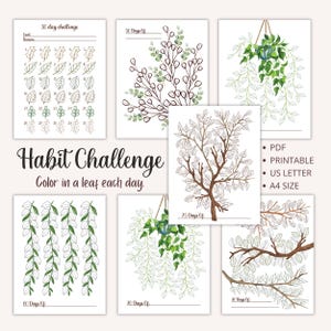 Puede incluir: Planificador de hábitos imprimible con seis diseños de hojas diferentes. Colorea una hoja cada día para realizar un seguimiento de tu progreso. Los diseños incluyen un árbol, una planta colgante y una vid. El texto "Habit Challenge" y "Colorea una hoja cada día" está incluido. El texto "PDF, Imprimible, US Letter, A4 Size" también está incluido.