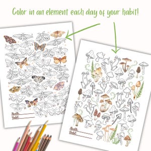 Puede incluir: Dos p&aacute;ginas para colorear imprimibles con el texto "&iexcl;Colorea un elemento cada d&iacute;a de tu h&aacute;bito!" en la parte superior. La primera p&aacute;gina presenta 30 polillas delineadas. La segunda p&aacute;gina presenta 30 setas delineadas. Ambas p&aacute;ginas tienen un espacio para escribir el mes y el h&aacute;bito.