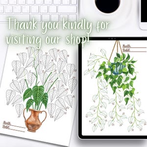 May include: A printable habit tracker with two designs. The first design features a potted plant with leaves arranged in a circle around the numbers 1-31. The second design features a hanging plant with leaves arranged in a circle around the numbers 1-31. Both designs include the words "Month:" and "Habit:" at the top.