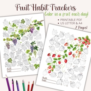 May include: Two printable colouring pages featuring fruit habit trackers. The first page has a grapevine with 30 grapes to colour in. The second page has a strawberry plant with 31 strawberries to colour in. Both pages have space to write the month and habit.