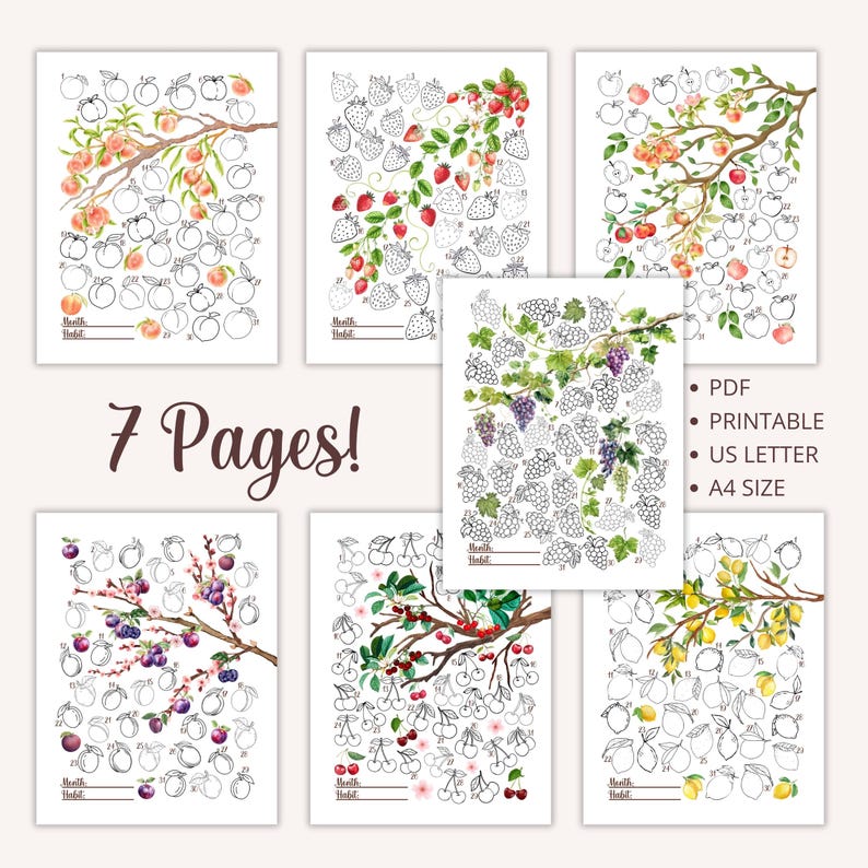 May include: Seven printable pages of black and white fruit-themed habit trackers. Each page features a different fruit, such as peaches, strawberries, grapes, plums, cherries, and lemons. The pages are designed for US Letter and A4 size paper.