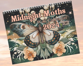 Midnight Moth Calendar 2024 Wall Calendar Gift Floral Calendar Moth Lover Gift Calendar Hanging Wall Calendar Decor Gift Under 50 Dollars