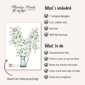 May include: Printable habit tracker featuring a watercolour illustration of a leafy branch in a blue and green pitcher. The tracker has 31 numbered leaves to colour in, representing each day of the month. The text "Month" and "Habit" are included for labelling. The text "Room for hole punching!" is at the bottom of the page.