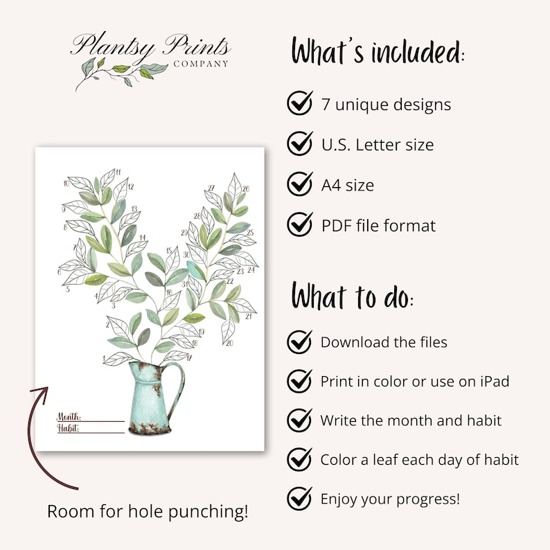 May include: Printable habit tracker featuring a watercolour illustration of a leafy branch in a blue and green pitcher. The tracker has 31 numbered leaves to colour in, representing each day of the month. The text "Month" and "Habit" are included for labelling. The text "Room for hole punching!" is at the bottom of the page.