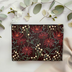 Boho Burgundy Flower Print Pouch, Floral Makeup Bag Nature Zipper Pouch Gift, Backpack Pouch, Floral Makeup Bag, Burgundy Bridesmaid Gift