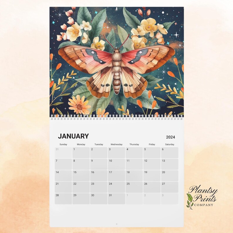 Moth Wall Calendar 2024 Calendar Gift Floral Calendar Moth Etsy