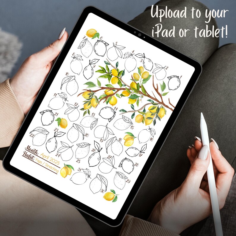 May include: A digital planner on a tablet screen with a lemon tree illustration. The planner is for tracking a habit, yoga or stretching, for the month of April 2025.  The planner has 31 days with a lemon icon for each day.