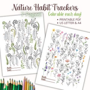 Afdrukbare gewoontetrackerbladen, 7 pdf-trackers met natuurthema, routinetracker, dagelijkse tracker kleurplaat, afdrukbare maandelijkse gewoontetracker