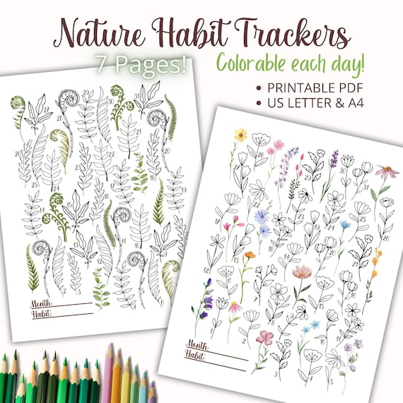 Printable Habit Tracker Sheets, 7 Nature Themed PDF Trackers, Routine Tracker, Daily Tracker Coloring Sheet, Monthly Habit Tracker Printable
