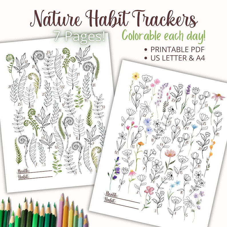 Puede incluir: Dos p&aacute;ginas imprimibles de seguimiento de h&aacute;bitos con tem&aacute;tica de la naturaleza. Cada p&aacute;gina presenta una cuadr&iacute;cula de 31 ilustraciones en blanco y negro de hojas y flores. Las p&aacute;ginas est&aacute;n etiquetadas como "Mes: H&aacute;bito" y est&aacute;n dise&ntilde;adas para ser coloreadas cada d&iacute;a. El texto "Nature Habit Trackers" y "7 Pages! Colorable each day!" est&aacute; en la parte superior de la imagen. El texto "Printable PDF" y "US Letter & A4" est&aacute; en la parte inferior de la imagen.