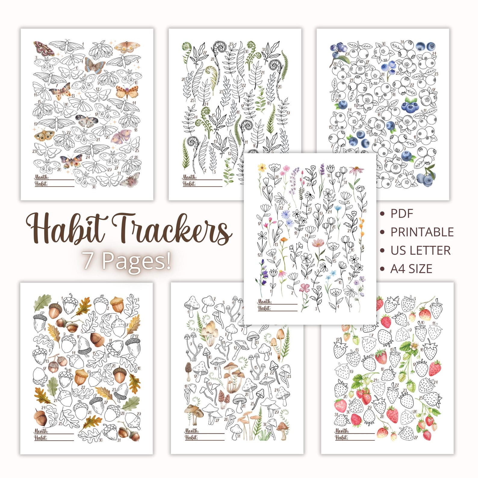 Printable Habit Tracker Sheets, 7 Nature Themed PDF Trackers, Routine ...