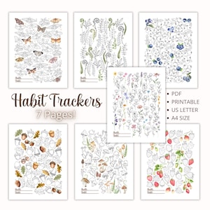 Puede incluir: Siete p&aacute;ginas de seguimiento de h&aacute;bitos imprimibles con ilustraciones en blanco y negro de varios dise&ntilde;os con temas de la naturaleza, incluidos hongos, bellotas, mariposas, ar&aacute;ndanos, flores y helechos. El texto "Habit Trackers 7 Pages!" est&aacute; impreso en marr&oacute;n en la parte superior de la p&aacute;gina. El texto "PDF PRINTABLE US LETTER A4 SIZE" est&aacute; impreso en negro en el lado derecho de la p&aacute;gina.