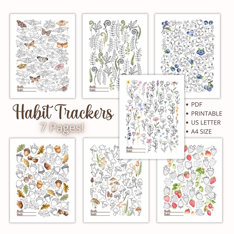Puede incluir: Siete p&aacute;ginas de seguimiento de h&aacute;bitos imprimibles con ilustraciones en blanco y negro de varios dise&ntilde;os con temas de la naturaleza, incluidos hongos, bellotas, mariposas, ar&aacute;ndanos, flores y helechos. El texto "Habit Trackers 7 Pages!" est&aacute; impreso en marr&oacute;n en la parte superior de la p&aacute;gina. El texto "PDF PRINTABLE US LETTER A4 SIZE" est&aacute; impreso en negro en el lado derecho de la p&aacute;gina.