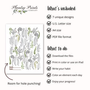 Puede incluir: Un planificador de h&aacute;bitos imprimible con una ilustraci&oacute;n en blanco y negro de helechos y una paleta de colores verde y blanca. El planificador est&aacute; dise&ntilde;ado para ser utilizado durante 30 d&iacute;as e incluye espacio para escribir el mes y el h&aacute;bito. El texto "&iexcl;Espacio para perforar!" se incluye en la parte inferior del planificador.