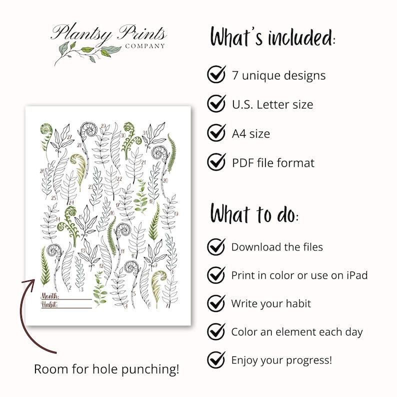 Puede incluir: Un planificador de h&aacute;bitos imprimible con una ilustraci&oacute;n en blanco y negro de helechos y una paleta de colores verde y blanca. El planificador est&aacute; dise&ntilde;ado para ser utilizado durante 30 d&iacute;as e incluye espacio para escribir el mes y el h&aacute;bito. El texto "&iexcl;Espacio para perforar!" se incluye en la parte inferior del planificador.