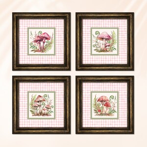 May include: Set of four framed prints featuring watercolor illustrations of mushrooms on a pink and white gingham background.