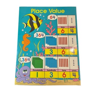 May include: A rectangular educational poster titled Place Value with a teal background featuring an angelfish, seahorse, and octopus. It displays mathematical place value charts for numbers 64, 364, and 1,364 using base-ten blocks, digits, and labels.
