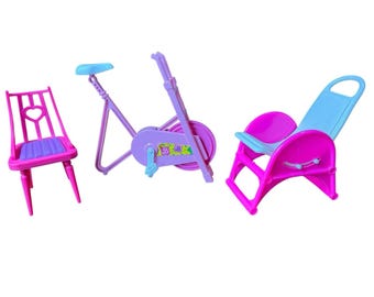 Vintage Barbie Furniture Lot Pink Chairs Lounge Upright Exercise Bike Dollhouse