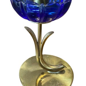 Vintage Gunnar Ander Ystad Metall Brass Cobalt Blue Art Glass Candlestick Holder