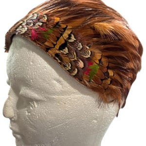 Vintage Half Hat Real Pheasant Feather Headband Brown Red 1950s Headpiece