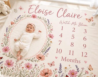 Personalized Floral Milestone Blanket, Custom Baby Girl Milestone Blanket, Wildflower Monthly Blanket, Baby Photo Blanket, Baby Shower Gift