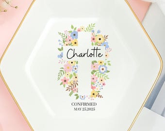 Personalized Confirmation Jewelry Dish: Floral Cross Ceramic Keepsake