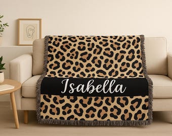 Personalized Leopard Print Throw Blanket: Custom Woven Name Blanket