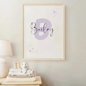 Impresión de arte de pared con inicial personalizada para guardería/nombre personalizado/decoración de guardería con acuarela, nubes y estrellas/nombre personalizado/decoración infantil para guardería