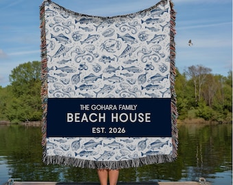 Personalized Beach House Woven Blanket: Coastal Family Name Throw