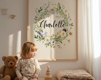Personalized Wildflower Name Print for Girls – Custom Floral Nursery Wall Art – Boho Baby Girl Name Poster – Cottagecore Botanical Room Deco