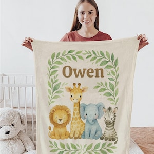 Gepersonaliseerde safari-babydeken: aquarel jungledieren, aangepaste kinderkamerdecoratie