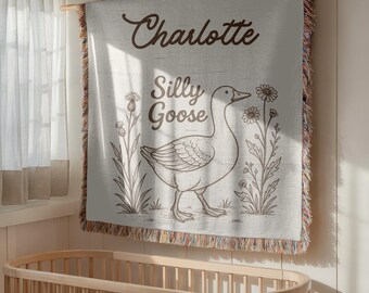 Personalized Goose Baby Blanket: Woven Cotton Crib Blanket, Cottagecore Nursery
