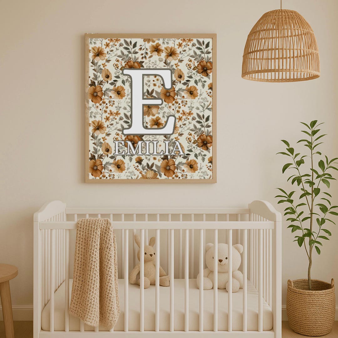 Personalized Floral Nursery Wall Art – Custom Name Initial Print for ...