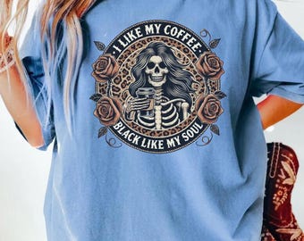 Gothic Coffee Skeleton Shirt: Dark Humor Coffee Lover Tee