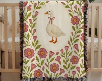 Cottagecore Goose Baby Blanket: Floral Woven Nursery Throw