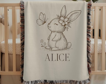 Personalized Bunny Baby Blanket: Vintage Woodland Nursery Decor