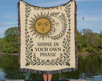 Celestial Woven Blanket: Sun & Moon Boho Tapestry Throw