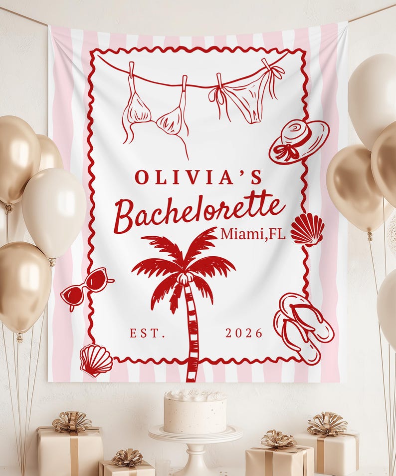 May include: A white and pink striped banner with red line art of a bikini, hat, sunglasses, seashells, palm tree, and flip-flops. The banner reads "OLIVIA'S Bachelorette Miami, FL EST. 2026". Gold and white balloons and wrapped gifts are in the background.