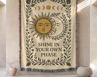 Celestial Woven Blanket: Sun & Moon Boho Tapestry Throw